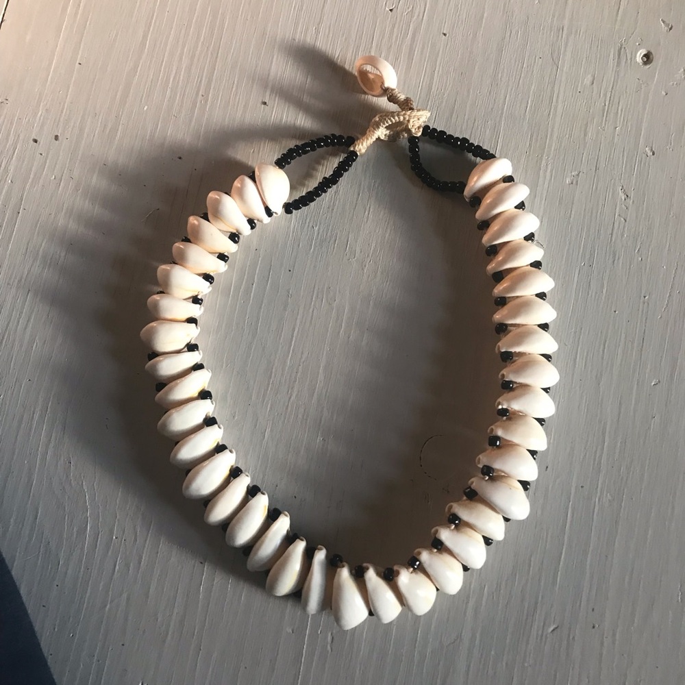 White Shell Bead Necklace with Black Accents